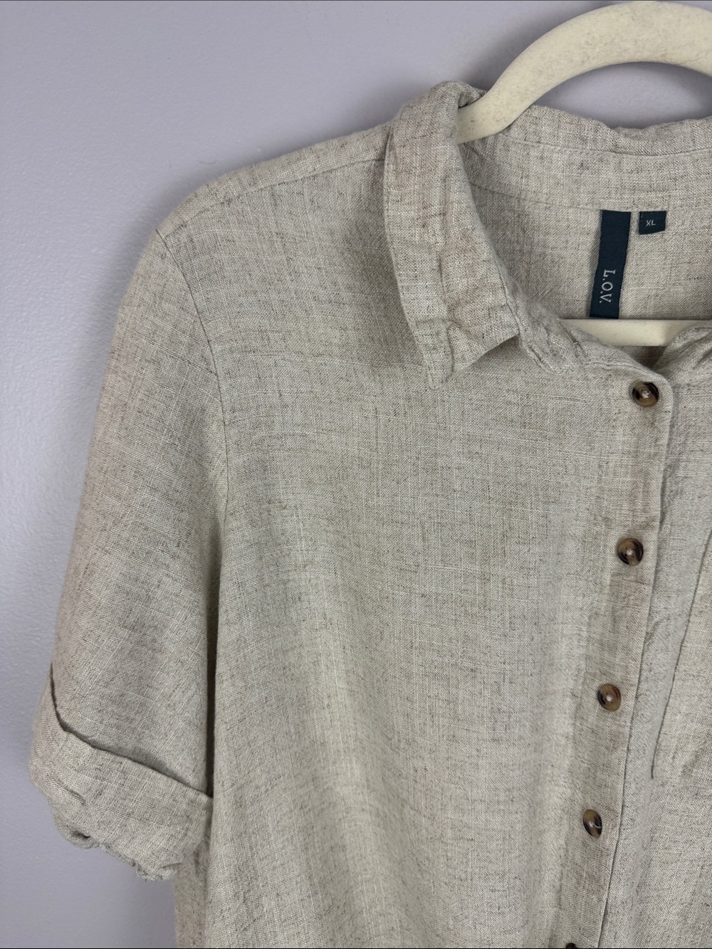 L.O.V. Neutral Linen Viscose Blend Tie Front Button Down Short Sleeve Shirt XL - Picture 5 of 10